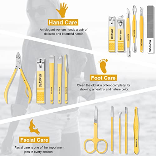 Manicure Set Professional Nail Clippers Pedicure Kit, 16 pcs Stainless Steel Nail Care Tools Grooming Kit with Luxurious Travel Leather Case for Thick Nails Men Women Gift (Yellow) - color: Yellow