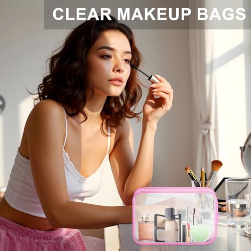 REHALY Clear Toiletry Bag, 12 Pack TSA Approved Toiletry Bag Carry on Travel Accessories Bag, Quart Size Bag for 3-1-1 Liquids Airport Airline Compliant Clear Makeup Bag with Metal Zipper (Pink Bags) - style: Pink Bags