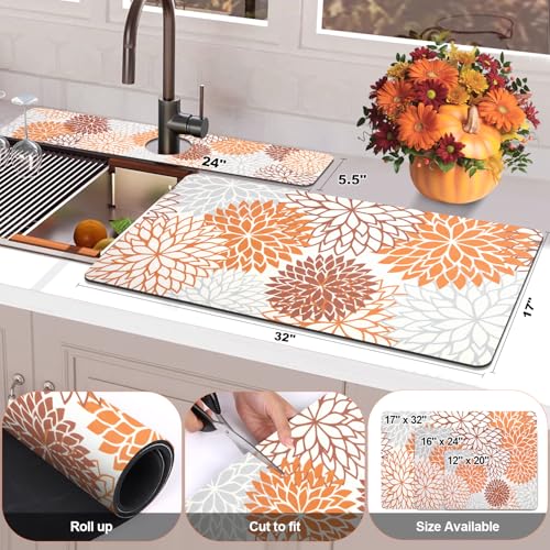 Findosom 2PCS 17" x 32" Fall Dish Drying Mat & 24" x 5.5" Sink Splash Guard, Super Absorbent & Cuttable Dish Mat Drying Kitchen Mat with Orange Floral, Hide Stain Drying Mat for Kitchen Counter - color: Orange, size: 17" X 32" + 24" X 5.5"