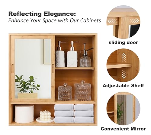 ZYBT Bamboo Bathroom Cabinet,Mirrored Medicine Cabinets,Bathroom Cabinet Wall Mounted with Storage,Medicine Cabinets with Mirror,Over The Toilet Storage with 2 Sliding Doors - color: Bamboo Mirror