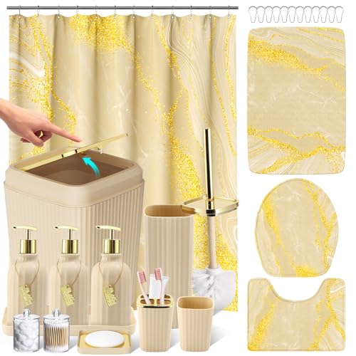 21PCS Bathroom Sets with Shower Curtain and Rugs Bathroom Accessories Set Beige Bathroom Set Complete with Trash Can, Toilet Brush, Qtip Holder & 3PCS Soap Dispenser - size: Bath Set+Marble Shower Curtain+Rugs, style: Beige