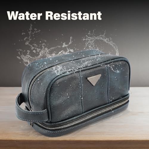 emissary Leather Travel Toiletry Bag for Men, Dopp Kit - Blue | Water-resistant leather, large capacity + organizer pockets; refined men's travel Dopp kit, carry-on ready - color: Blue