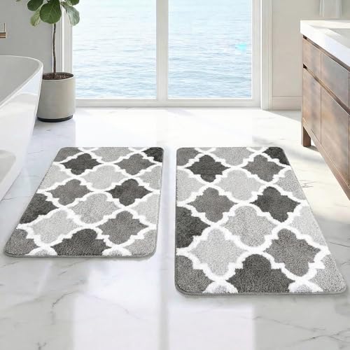 Arttown Gradient Grey Trellis Bathroom Rug Set 2 Piece Fluffy Microfiber Non-Slip Water Absorbent Soft Washable Floor Mat for Tub Showers Laundry Room Decor 16"x24"+20"x32" - color: Gradient Gray 2