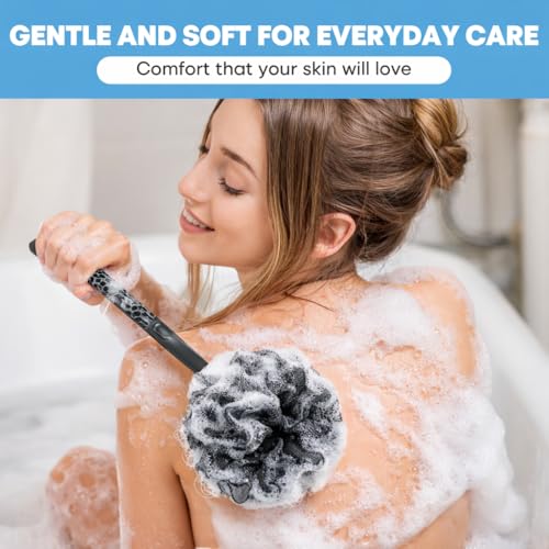 Loofah with Handle & Shower Brush Charcoal 2 Pack- Back Scrubber for Shower for Men & Women, Body Brush Ideal for Exfoliation, Back Loofah for Shower with Bath Brush, Long Handle for Shower Back Brush
