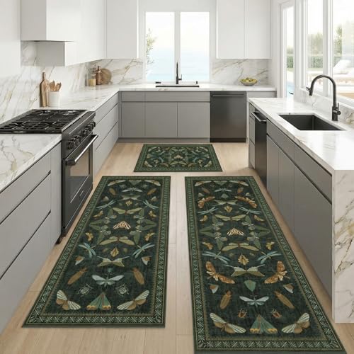 JTJ Botanical Insect Kitchen Rug Set of 3, Dark Green Nature Inspired Floor Mats with Non-Slip Backing, Washable Low Pile Runner for Sink and Stove - color: Insect - Dark Green