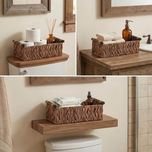 Water Hyacinth Toilet Tank Basket – Wicker Toilet Paper Storage Basket for Back of Toilet, Bathroom Counter Organizer with Wooden Handles, Brown - color: Brown