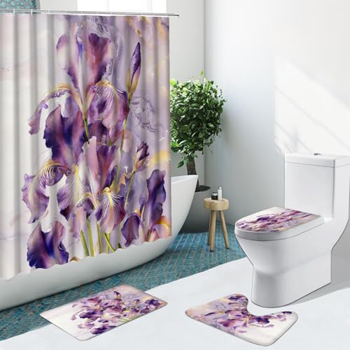 4 Pcs Lavender Watercolor Irises Shower Curtain Sets with Rugs | Purple Botanical Floral Bathroom Set Spring Summer Home Bath Bathtub Decor Durable Curtains Mats for Bathroom 72 In