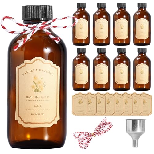 Jarsoph 4oz 8 PCS Amber Brown Glass Bottles for Vanilla Extract | Brown Boston Round Glass Bottles, Essential Oils, Herbal Medicine, DIY Crafting - UV Protective Bottles for Syrup, Sauce