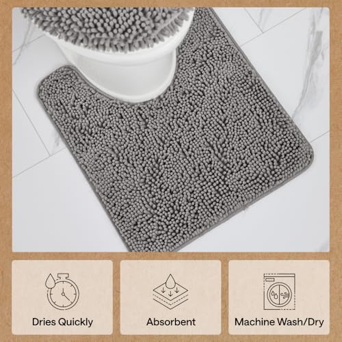 GORILLA GRIP Bathroom Rug Sets 3 Piece, Bath Mat Set and Oval Toilet Base with Rubber Backing, Plush Absorbent Shaggy Chenille Washable Mats, Includes 24x19.5, 24x17 and 36x24 Inch Rugs, Grey - color: Grey, style: 24"x19.5" + 24"x17" + 36"x24" - 3 Pack