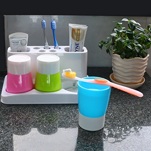 Toothbrush Holder 5 Hole Toothpaste Stand Bathroom Organizer with 3 Rinse cups for Family Set