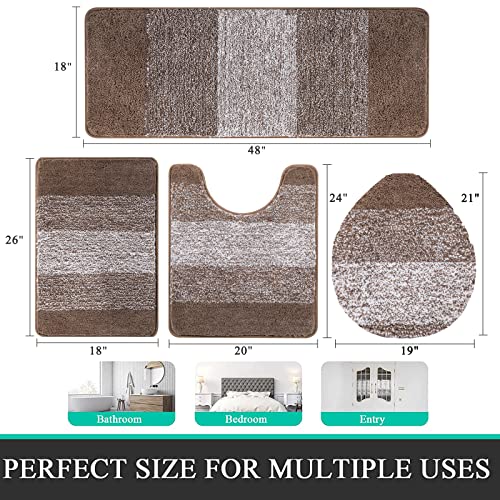 Bsmathom Bathroom Rugs Sets 4 Piece with Toilet Lid Cover, Non-Slip Bathroom Rugs and Mats Sets, Absorbent Bath Rugs Microfiber Shaggy Machine Washable Bath Rug Set, Coffee - color: Coffee, size: 18"x26"+18"x48"+U20"x24"+Cover19"x21"
