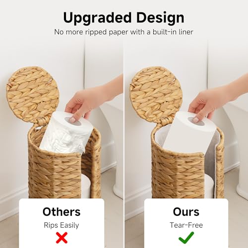 StorageWorks Water Hyacinth Free Standing Toilet Paper Holder Stand for Bathroom, 3 Rolls of Toilet Tissue Storage with a Built-in Cloth Lining, Toilet Roll Holder Stand with Lid (Pack of 2) - color: Natural（water Hyacinth）, size: 6¾"D(For 3 Roll) (Pack o