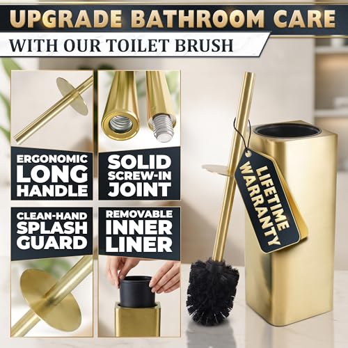 Gold Toilet Brush and Holder Set - Instantly Elevate Your Bathroom Style - Stainless Steel Toilet Bowl Brush and Holder with 2 Rounded Corners, Replaceable Head, Removable Inner Bowl & Splash Guard - color: Gold Squircle