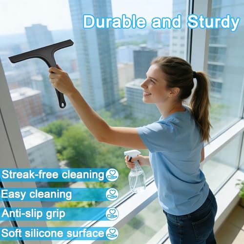 Silicone Shower Squeegee for Bathroom Glass Doors, with Hanging Hole for Easy Storage, Removes Water Spots from Windows, Mirrors, Tiles & Kitchen Surfaces-Black, 10 Inch