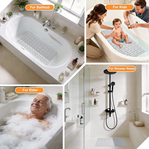 Yimobra Bath Tub Mat Non Slip, 34.5"X15.5" Long Shower Mat, Machine Washable Bathmat with Drain Holes and Suction Cups, Soft on Feet, Bathroom Essentials, Clear - color: Clear, size: 34.5 X 15.5 Inch