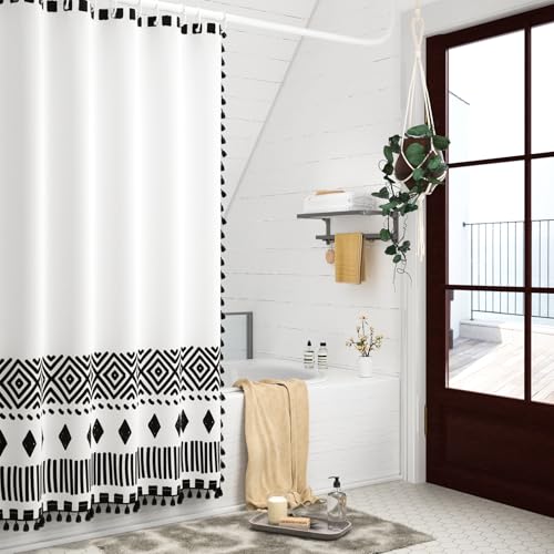 AOFOTO Bohemian Shower Curtain Tassel Boho Black and White Striped Geometric Pattern Shower Curtains for Bathroom Waterproof Bath Curtain Sets with Hooks Bathroom Home Decor 70x70 Inches - color: Black Square, size: 70"W x 70"L (Pack of 1)