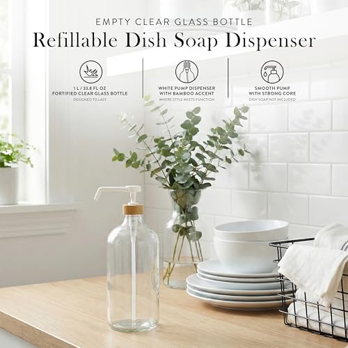 SAVVY & SORTED Glass Dish Soap Dispenser for Kitchen Sink 1 Liter, Hand Soap Dispenser for Bathroom, Refillable Clear Glass Bottles with White Bamboo Pump for Liquid Hand Wash, 34 Fl Oz - color: Clear Bottle - 1 Ltr