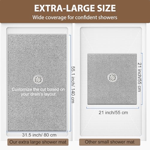 Shower Mat Non Slip: 55 x 31.5 Inch Extra Large Shower Mats for Inside Shower with Drain Hole - Soft PVC Loofah Anti Slip Shower Stall Mat for Walk-in Shower and Bathroom, Quick Drying - color: Grey, size: 55" x 31.5" (Rectangular)
