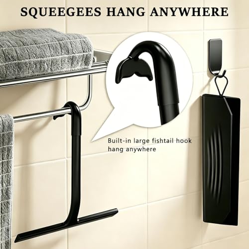 Shower Squeegee for Glass Doors, Bathroom Squeegee Set of 2 (Size 8.3"+9") | Hang Anywhere Silicone Shower Squeegee with Hook Design for Glass, Tile Wall, Mirror, Window, Streak-Free Cleaner Tool,Black