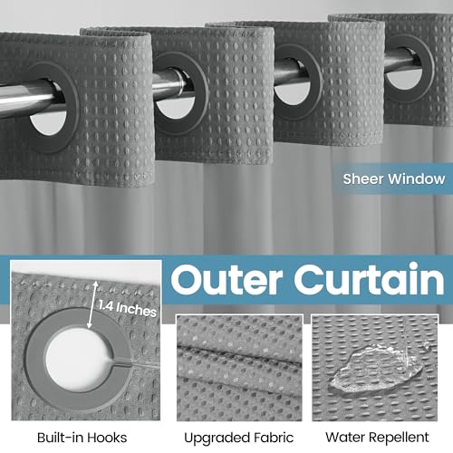 EUTXL Heavyweight Extra Long No Hook Shower Curtain with Snap in Liner,256GSM Waffle Weave Shower Curtains for Bathroom,71W x 98H,Grey - color: Grey, size: 71"W x 98"L (Pack of 1)