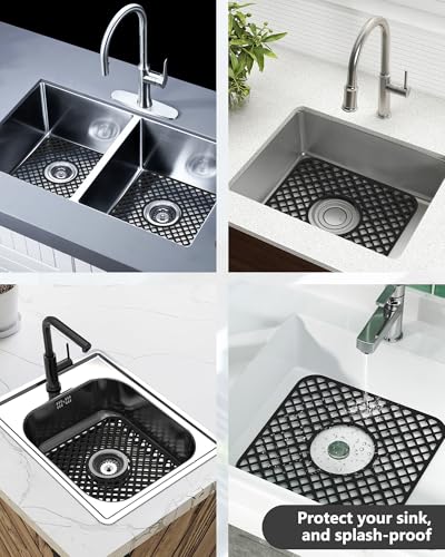 2 Pack Silicone Sink Protector for Kitchen Sink, Trellis Pattern 12 x 11" Sink Grid Mat Silicone Protectors, Center Drain, Black - color: Black