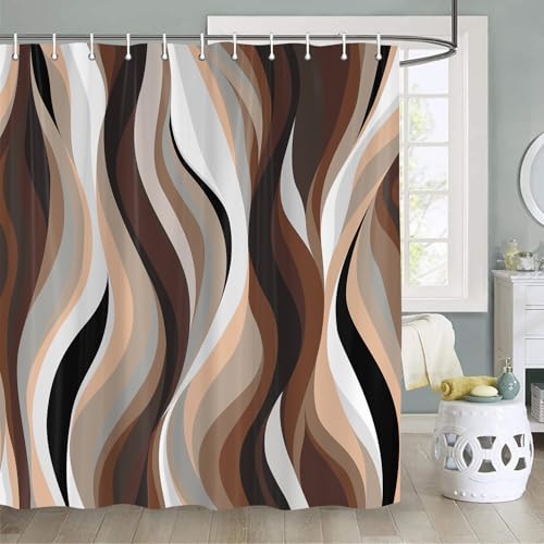 4PCS Brown Abstract Shower Curtain Set, with Non-Slip Rugs, Toilet Lid Cover and Bath Mat Stripe Black White Gray Aesthetic Art for Bathroom Bathtub Decor Accessories, 72x72 Inch - color: Brown