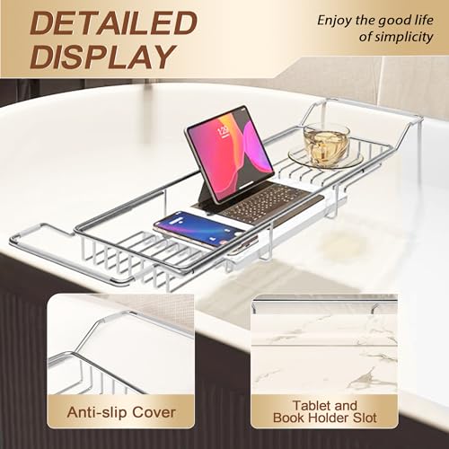BVL Bathtub Tray Stainless Steel with Marble Base Chrome Bathtub Tray with White Marble Base Adjustable & Rustproof Bath Caddy for Spa, Relaxation, Bath Bombs - color: Chrome