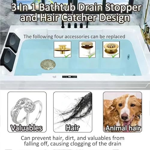 AzWzz Bathtub Drain Stopper, Pop Up Tub Stopper Plug with Bathtub Drain Hair Catcher Cover, Universal for 1.45 in to 1.8 in Tub Drain, Brushed Gold - color: Brushed Gold, style: Tub Drain Stopper with Hair Catcher
