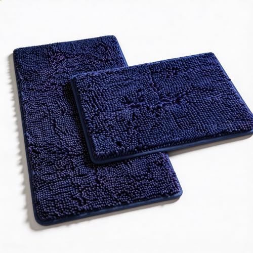 RUN HELIX Bath Rugs Non Slip Washable 2 Piece Non Slip Extra Absorbent Shaggy Chenille Bathroom Rugs and Mats Sets - color: Deep Blue, size: 32"L x 20"W + 24"L x 16"W