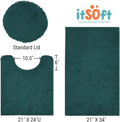 ITSOFT 3pc Non-Slip Shaggy Chenille Bathroom Mat Set, Includes 24"x21" U-Shaped Contour Toilet Rug, 34"x21" Inches Bathmat and 1 Toilet Lid Cover, Teal - color: Teal, size: 24''x21’’, 34’’x21’’ and TLC (Set)