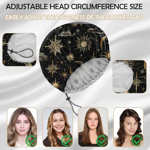 2 PCS Shower Cap Reusable Waterproof Adjustable Double Layer Elastic Dry Hair Bathing Caps Aesthetic Cute for Women Girls-Sun Moon Sunset - color: H-11-Sun Moon Sunset