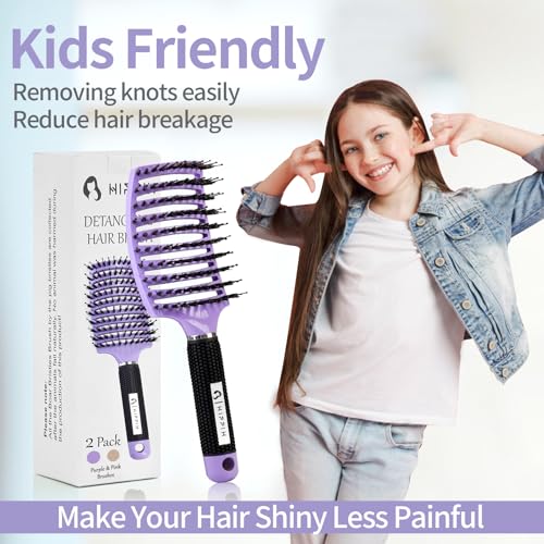 Boar Bristle Hair Brush Set of 2, HIPPIH Wet & Dry Hair Brushes Made by Fine Natural Boar Hair Can Adds Shine and Smoothing, Detangling Hairbrush for Women, Men & Kids' Long Curly Thick Hair - color: Purple & Pink