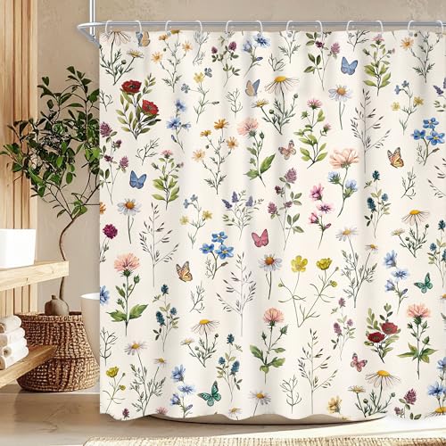 Vintage Floral Shower Curtain 72Wx72L Inch Beige Flowers Wildflower Plant Botanical Herbs Cottage Core Bathroom Set Whimsical Butterfly Woman Girls Bath Curtain Bathtub Accessories Home Decor - color: D 01 Beige, size: 72"W x 72"L (Pack of 1)