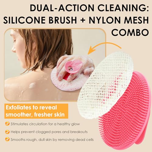 INNERNEED Food-Grade Silicone Body Scrubber Gentle Cleansing Brush with Exfoliating Net Sponge Bath Scrubbing Washcloth Case, More Hygienic and Well Lather (Pink Set) - color: (Set4) Pinkset
