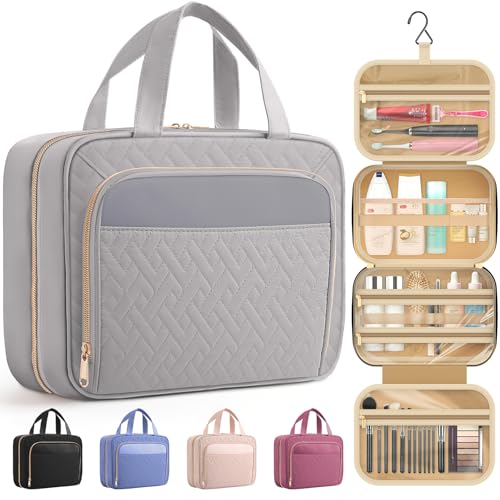 HOTOR Hanging Travel Toiletry Bag Women Men, Grey, Medium | Waterproof Makeup Bag Hanging Hook,Multiple Pockets,Travel Essentials,11.2 x 3.2 x 8.9inches - color: Grey, size: Medium