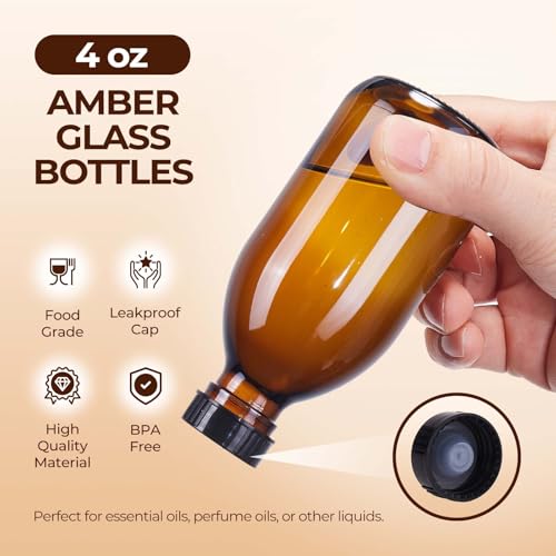4 oz Amber Glass Bottle with Cap, Empty Glass Bottles Cosmetic Pump Dispensers for Homemade Vanilla Extract, Essential Oils, Juice, Potion, Syrup, Liquids, Christmas, Holiday Gift (Brown 4 Pack) - color: Amber, size: 4 Pack