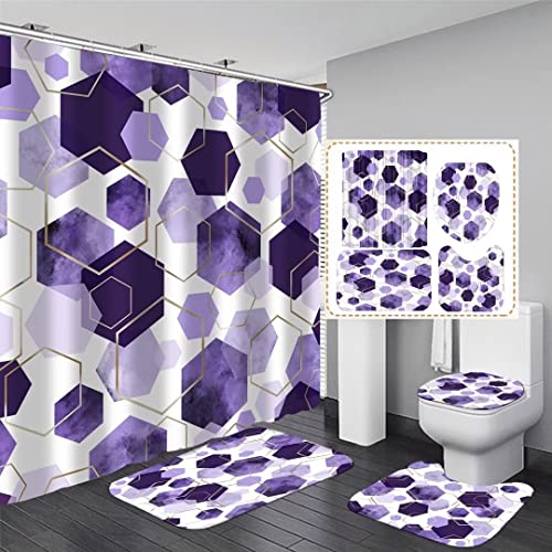 LQCOOL 4Pcs Purple Shower Curtain Set Marble Grain Geometric Bathroom Set Lavender Abstract Bathroom Curtain Set with 12 Hooks Carpet Bath Mat and Toilet Rugs - color: Purple