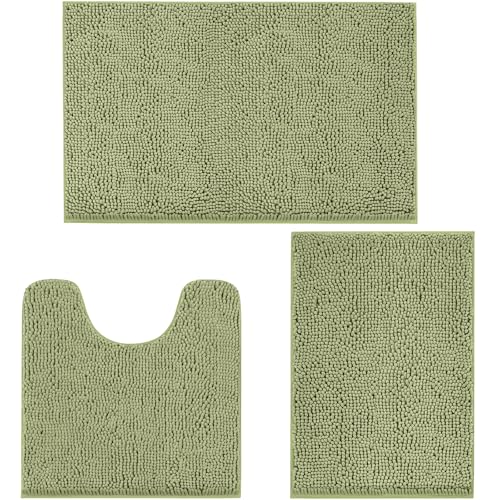 TREETONE Bathroom Rugs Sets, Thick Soft Absorbent 3 Piece Chenille Bath Rugs, Non-Slip, Dry Quickly, Machine Washable, Shaggy Mats with U-Shaped Toilet Rug for Bath Floor, Tub and Shower, Sage Green - color: Sage Green, size: 16"x24"+20"x32"+U Shape 20"x2