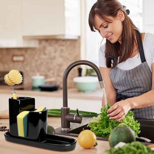 Geelin 3 in 1 Ceramic Kitchen Sink Caddy Dish Sponge Holder Scrub Brush Holder and Soap Tray for Kitchen Organizer Rustic Farmhouse Supplies(Black) - color: Black