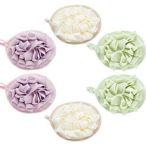 Boao 6 Pcs Bath Shower Pouf Sponge Mesh Pouf Shower Ball Exfoliating Body Sponge Pad Scrubber Glove with Flower Bath Ball (Beige,Green,Purple) - style: Beige,Green,Purple