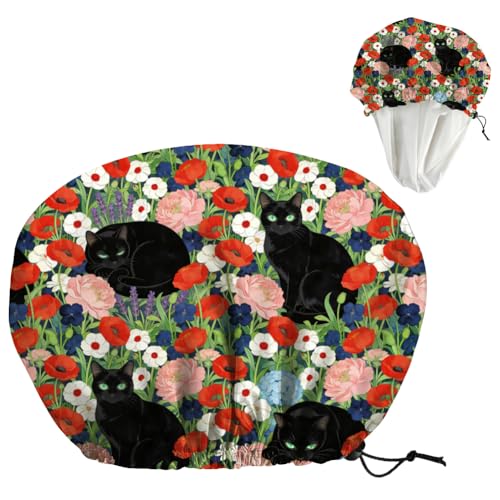Black Cat Reusable Shower Cap Flower Double Layer Waterproof Shower Caps Large Elastic Hair Cover Adjustable Hair - Drying Caps for Woman Man Bath SPA Travel One Size Fits Most - color: Black Cat