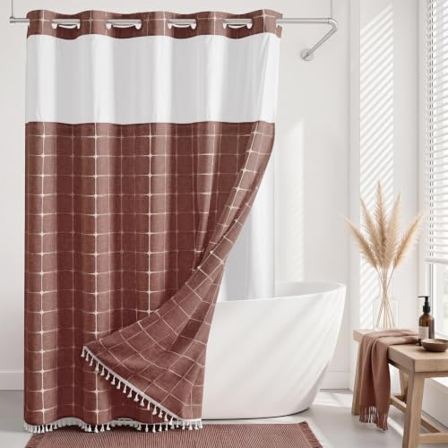 Farmhouse Shower Curtain with Snap-in Liner, No Hooks Needed Fabric Shower Curtains with Tassels for Rustic Bathroom Decor, with Window,with Magnets,Water Repellent&Machine Washable,Orange,71x74Inch - color: Orange-window, size: 71"W x 74"L (Pack of 1)