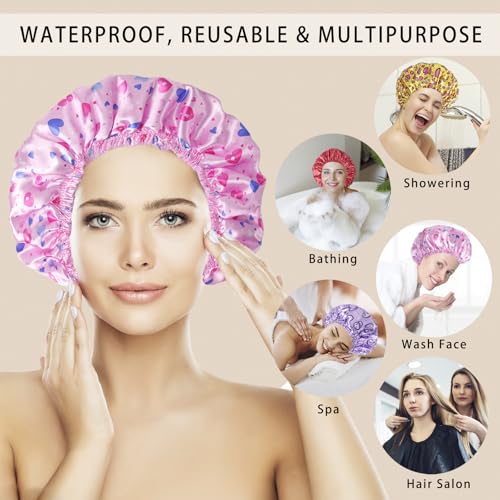 4 PCS Shower Cap for Women, Elastic and Reusable Bath Caps, Double Layers Shower Caps Reusable Waterproof, Bathing Shower Caps, Environmental Bath Hair Protection Cap - Heart - color: Heart