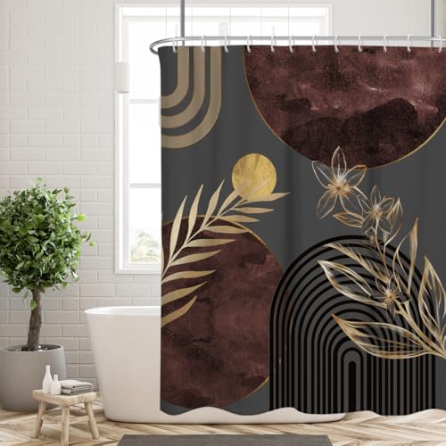 Brown Shower Curtain Boho Modern Abstract Mid Century Geometric Minimalist Contemporary Dark Gold Leaves Mens Fabric Cloth Bathroom Decor Set 60x72 inch Polyester 12 Hooks - color: Grey, size: 60"W x 72"L (Pack of 1)