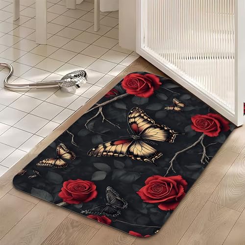 Gothic Butterfly Bathroom Rugs, Non Slip Quick Dry Red Rose Flower Bath Mats for Bathroom, Super Absorbent Diatomaceous Bathmat for Home Kitchen Thin Floor Doormat 17 X 29.5 Inch - color: Gothic Butterfly