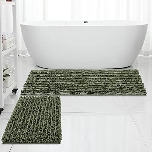 FLOLEOPA Luxury Chenille Loden Bathroom Rugs Bath Mats Sets, Extra Soft and Absorbent Bathroom Rugs Non Skid Machine Wash Dry Bath Mats（47"x17" Plus 17"x24"） - color: Loden, size: 47"x17" Plus 17"x24"