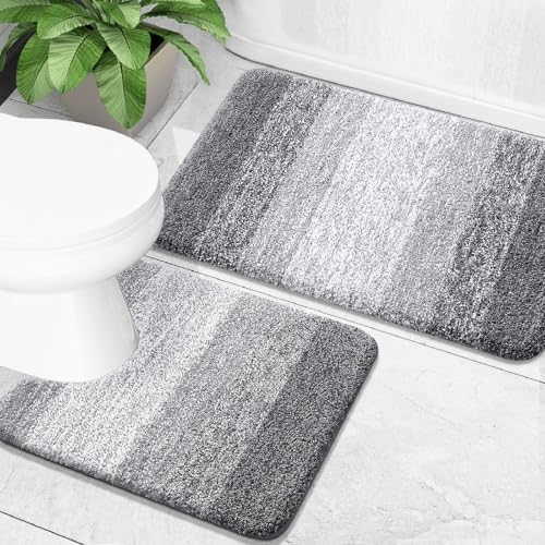 OLANLY Bathroom Rug Set 2 Piece, Soft Absorbent Microfiber Bath Mats and U-Shaped Contour Toilet Rug, Non-Slip, Machine Wash Dry, Plush Shaggy Bath Mats for Bathroom (24"x16"+24"x20", Grey) - color: Grey, size: 24" X 16" + U24" X 20"
