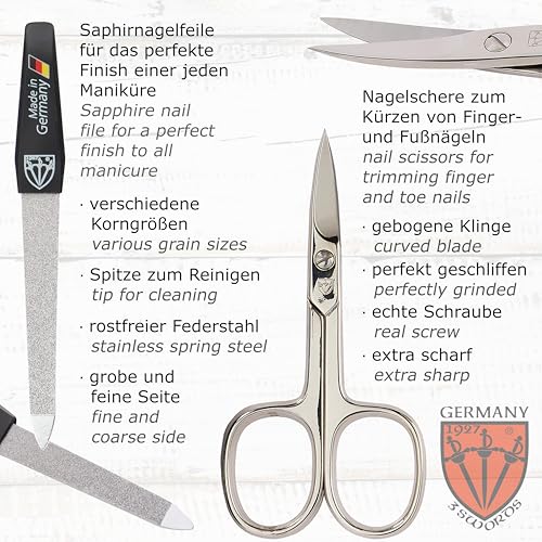 3 Swords Germany – brand quality 10 piece manicure pedicure grooming kit set for nail care tweezers file clipper, Made by 3 Swords (BLACK - GENUINE LEATHER) - color: BLACK - GENUINE LEATHER