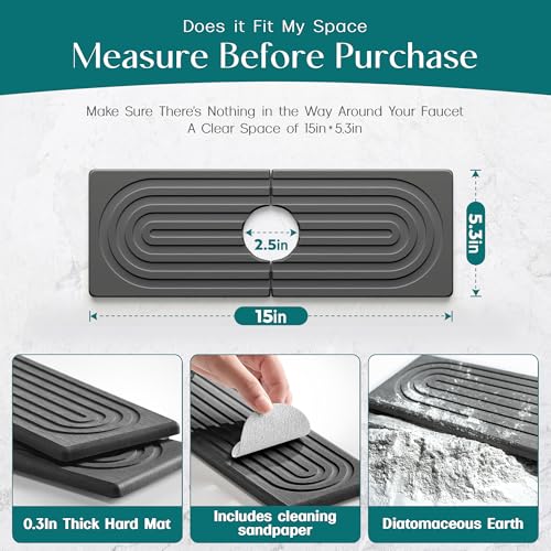 eormoe Faucet Mat for Kitchen Sink - Wider Diatomite Fast Drying Stone Sink Tray, Super Absorbent, Prevents Moisture Buildup - Faucet Splash Guard for Bathroom Counter (Dark Grey, 15x5.3inch) - color: Dark Gray, size: 15" x 5.3"