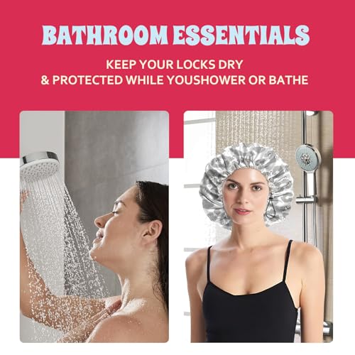 Luxury Shower Cap Satin Lined Reusable Waterproof Double Layer Elastic Adjustable Hair Bath Cap Cute Aesthetic Women Girls-White Leopard - color: F13-White Leopard